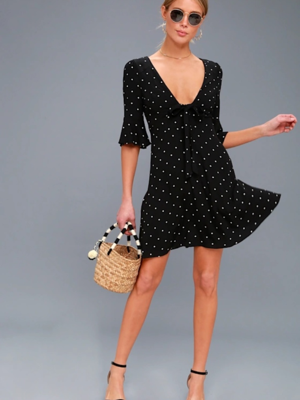 FREE PEOPLE- Polkadot 3/4 Sleeve V Neck Dress